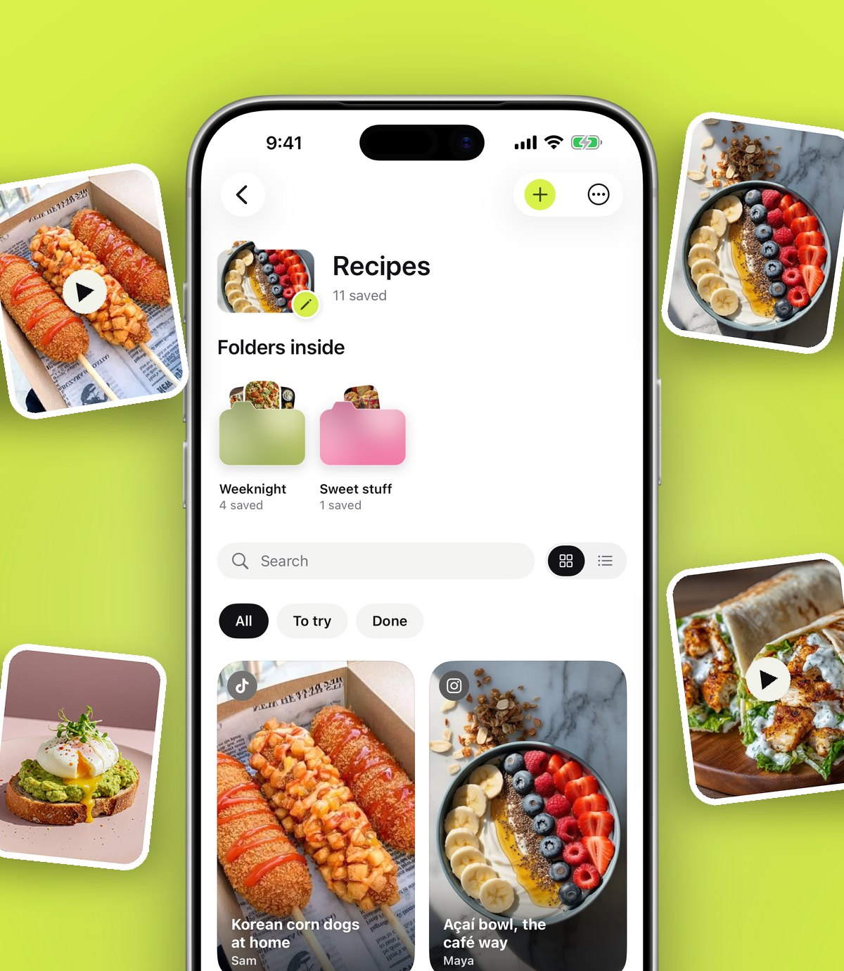 A Recipes folder in anoli with Weeknight and Sweet stuff folders inside, filter chips and a grid of saved videos