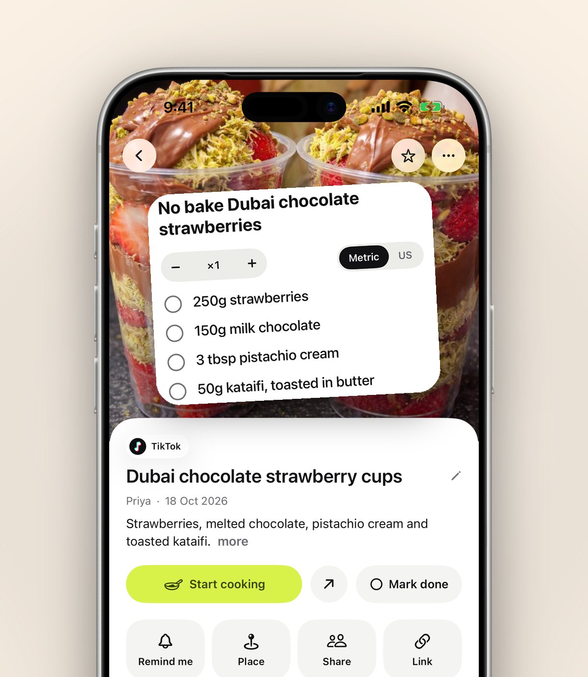A saved TikTok recipe in anoli with Start cooking, Mark done and its ingredients pulled out