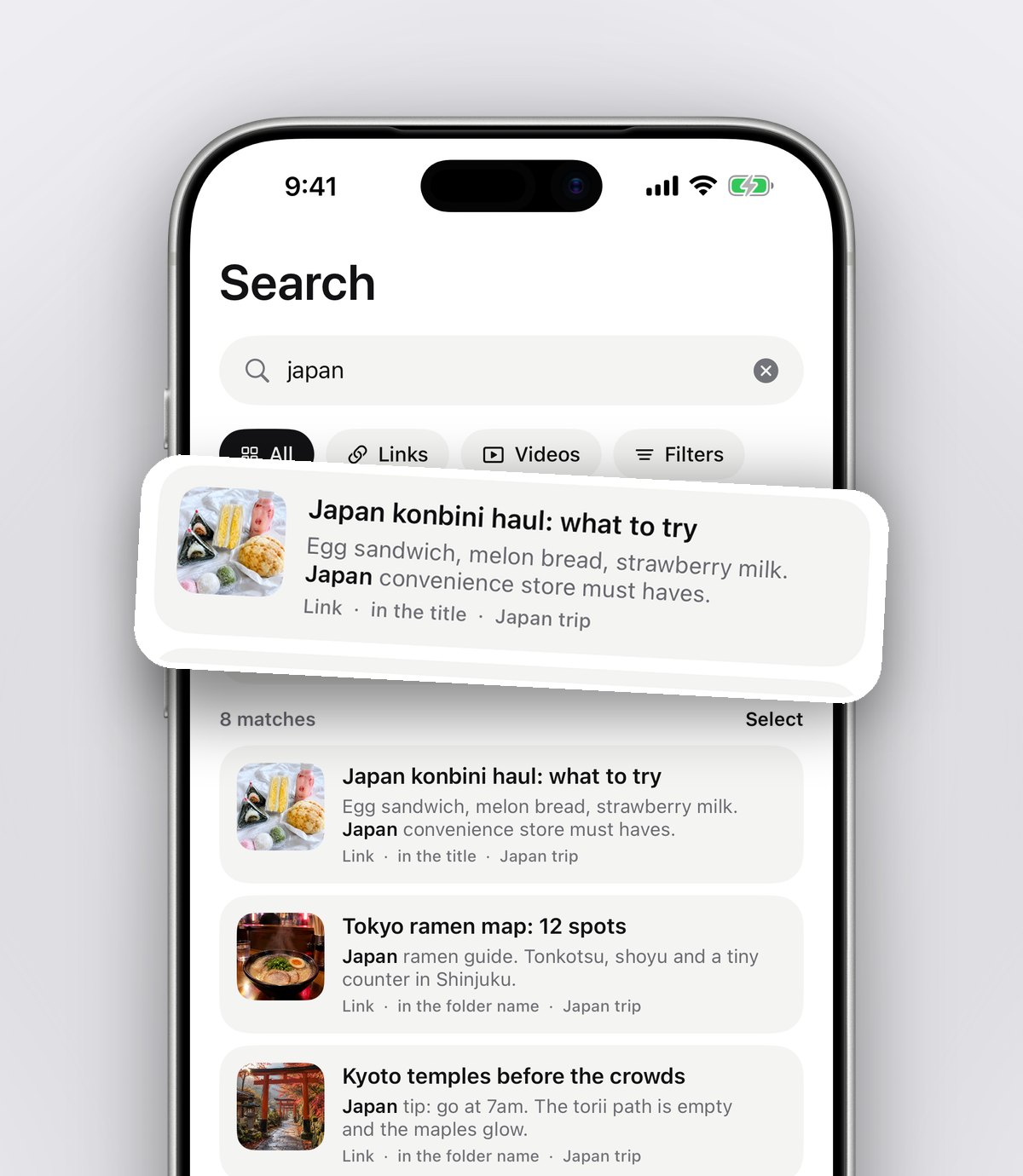 anoli search for japan: the Japan trip folder and saves with the matching words in bold